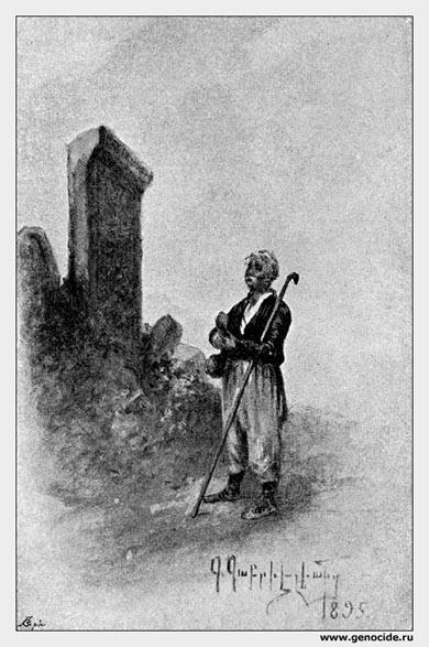 Армянинъ на молитвѣ предъ могильнымъ крестомъ-камнемъ.